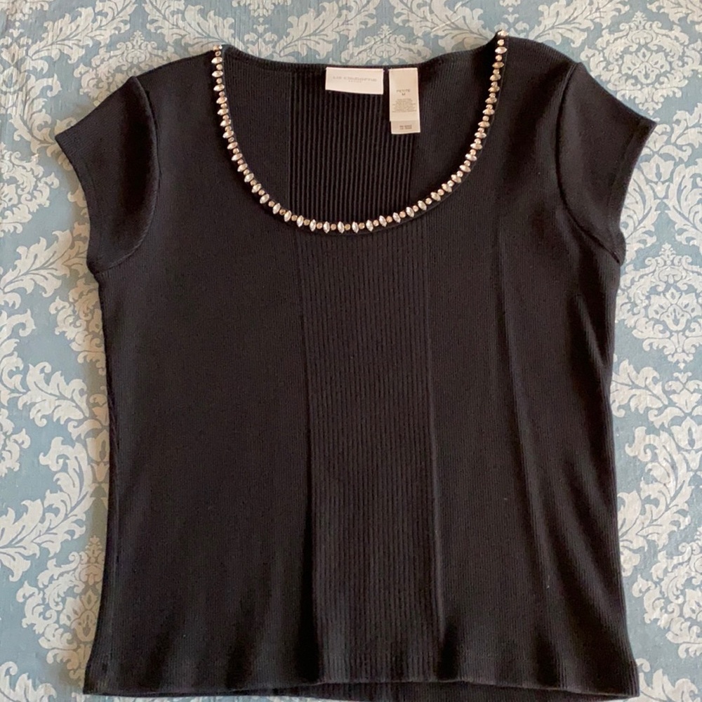Liz Clairborne black tee with gem accented neck